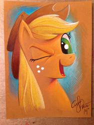 Size: 852x1136 | Tagged: safe, artist:andypriceart, applejack, g4, bust, female, one eye closed, portrait, solo, traditional art, wink
