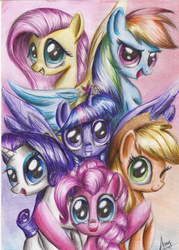 Size: 755x1057 | Tagged: safe, artist:markk-n-viacka, applejack, fluttershy, pinkie pie, rainbow dash, rarity, twilight sparkle, alicorn, pony, g4, female, mane six, mare, traditional art, twilight sparkle (alicorn)