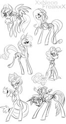 Size: 651x1228 | Tagged: safe, artist:xxneonfreakxx, applejack, fluttershy, pinkie pie, rainbow dash, rarity, spike, twilight sparkle, alicorn, pony, g4, female, mare, monochrome, older, twilight sparkle (alicorn)