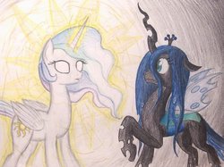 Size: 1033x773 | Tagged: dead source, safe, artist:thefriendlyelephant, princess celestia, queen chrysalis, alicorn, changeling, changeling queen, ghost, pony, g4, duo, shiny, spiritlestia, startled, traditional art
