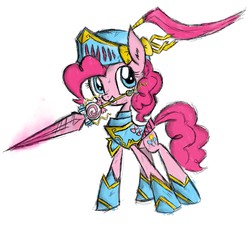 Size: 3200x2944 | Tagged: safe, artist:errorpony, artist:sharmie, pinkie pie, armor, cute, diapinkes, fantasy class, female, helmet, knight, mouth hold, solo, sword, warrior, weapon