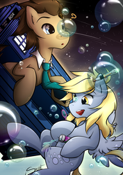 Size: 620x876 | Tagged: safe, artist:secret-pony, derpy hooves, doctor whooves, time turner, earth pony, pegasus, pony, g4, bubble blower, doctor who, female, male, mare, stallion, tardis