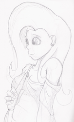 Size: 1291x2128 | Tagged: safe, artist:wryte, fluttershy, human, g4, bare shoulder portrait, carrot, clothes, female, humanized, monochrome, off shoulder, solo, sweater, sweatershy, traditional art