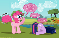 Size: 800x518 | Tagged: safe, artist:ladyanidraws, pinkie pie, twilight sparkle, earth pony, hydra, pony, unicorn, feeling pinkie keen, g4, season 1, alternate scenario, anvil, female, hail hydra, implied death, mare, multiple heads, reality ensues, scene parody, twitchy tail, unicorn twilight