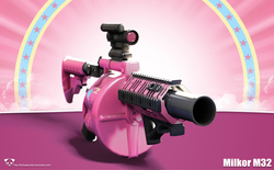 Size: 1610x1000 | Tagged: safe, artist:the bad panda2, pinkie pie, g4, 3d, aimpoint, grenade launcher, gun, gunified, m32 mgl, magpul, meta, my little arsenal, partillery, party cannon, picatinny rail, weapon