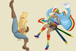 Size: 4000x2701 | Tagged: safe, artist:sonson-sensei, applejack, rainbow dash, human, g4, action pose, applebucking thighs, geta, humanized, one piece, sandals, sword