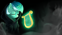 Size: 1920x1080 | Tagged: safe, artist:seyllah, lyra heartstrings, pony, unicorn, fanfic:background pony, g4, background pony, clothes, eyes closed, female, hoodie, lyre, magic, mist, musical instrument, ponies wearing black, sad, solo