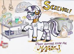 Size: 1656x1216 | Tagged: safe, artist:zaionczyk, zecora, zebra, g4, basket, cauldron, clothes, female, lab coat, safety goggles, science, solo, traditional art