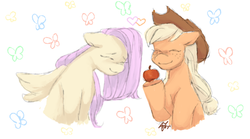 Size: 2773x1543 | Tagged: safe, artist:dggeoffing, applejack, fluttershy, g4, apple, blushing, eyes closed, smiling