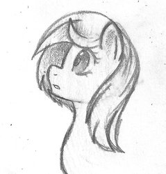 Size: 1024x1072 | Tagged: safe, artist:doomcakes, derpy hooves, pegasus, pony, g4, female, mare, monochrome, solo, traditional art