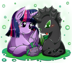 Size: 1714x1500 | Tagged: safe, artist:vavacung, twilight sparkle, oc, alicorn, changeling, hybrid, pony, g4, blushing, canon x oc, cute, cuteling, eyes closed, female, floppy ears, green changeling, interspecies offspring, mama twilight, mare, offspring, open mouth, parent:twilight sparkle, parents:canon x oc, prone, sleeping, smiling, twilight sparkle (alicorn), vavacung is trying to murder us, watching