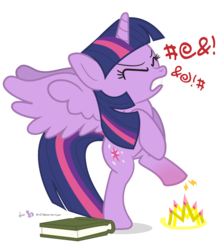 Size: 770x875 | Tagged: safe, artist:dm29, twilight sparkle, alicorn, pony, g4, agony of the feet, bipedal, book, censored vulgarity, crown, female, grawlixes, injured, jewelry, mare, new crown, ouch, pain, regalia, simple background, solo, swearing, transparent background, twilight sparkle (alicorn)