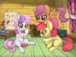 Size: 1920x1430 | Tagged: safe, artist:yutoraru, apple bloom, scootaloo, sweetie belle, earth pony, pegasus, pony, unicorn, g4, belly button, clubhouse, crusaders clubhouse, cutie mark crusaders, female, filly, flower vase, pixiv, ponies riding ponies, pony hat, riding, scootahat, scootaloo riding apple bloom