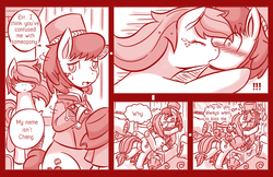 Size: 800x519 | Tagged: safe, artist:vavacung, applejack, oc, oc:chang, changeling, comic:when villain win, g4, alternate universe, applechang, canon x oc, comic, crying, dialogue, disguise, disguised changeling, female, kissing, loose hair, male, monochrome, shipping, straight, surprise kiss