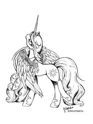 Size: 768x1024 | Tagged: safe, artist:altohearts, princess celestia, g4, black and white, female, grayscale, lineart, looking up, monochrome, raised hoof, raised leg, solo, spread wings