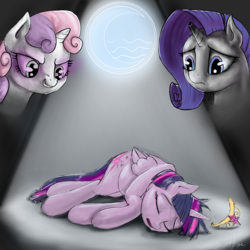 Size: 5000x5000 | Tagged: safe, artist:silfoe, rarity, sweetie belle, twilight sparkle, alicorn, pony, fanfic:avatar: the last alicorn, g4, absurd resolution, broken horn, element of magic, fanfic, fanfic art, fanfic cover, female, frown, grin, horn, mare, on side, smiling, spotlight, twilight sparkle (alicorn), worried