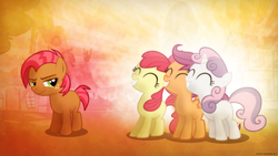 Size: 1920x1080 | Tagged: safe, artist:romus91, apple bloom, babs seed, scootaloo, sweetie belle, g4, blank flank, cutie mark crusaders, lens flare, ponyville, smiling, vector, wallpaper