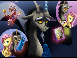 Size: 1000x750 | Tagged: safe, artist:blazemizu, discord, fluttershy, draconequus, pegasus, pony, g4, keep calm and flutter on, twilight's kingdom, discord lamp, female, memories, photo, picture, sad