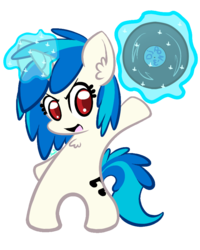 Size: 720x900 | Tagged: safe, artist:aquipzies, dj pon-3, vinyl scratch, pony, g4, bipedal, chest fluff, ear fluff, female, filly, looking at you, magic, open mouth, record, smiling, solo, telekinesis