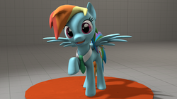 Size: 1920x1080 | Tagged: safe, artist:funsketch, rainbow dash, g4, 3d, cute, female, happy, looking at you, necktie, rainbow dash always dresses in style, raised hoof, smiling, solo, source filmmaker, spread wings, stage, stage.bsp