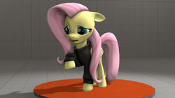 Size: 1920x1080 | Tagged: safe, artist:funsketch, fluttershy, g4, 3d, clothes, cute, female, floppy ears, frown, hoodie, open mouth, ponies wearing black, raised hoof, sad, shy, solo, source filmmaker, stage, stage.bsp