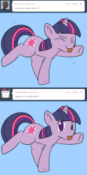 Size: 650x1300 | Tagged: safe, artist:lustrous-dreams, twilight sparkle, ask filly twilight, g4, :p, adorkable, animated, ask, blue background, comic, cute, dancing, do the sparkle, dork, eyes closed, female, filly, frown, looking at you, master shake, ponibooru, raised hoof, raised leg, simple background, smiling, solo, tongue out, tumblr, twiabetes, two-frame gif, underhoof, younger