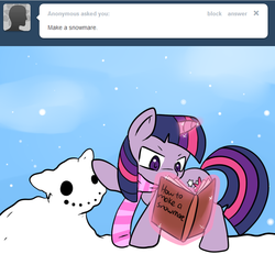 Size: 650x600 | Tagged: safe, artist:lustrous-dreams, twilight sparkle, ask filly twilight, g4, ask, book, clothes, female, filly, magic, reading, scarf, snow, snowfall, snowpony, solo, tumblr, younger