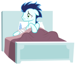 Size: 6400x5600 | Tagged: safe, artist:sofunnyguy, soarin', pegasus, pony, g4, rainbow falls, absurd resolution, bandage, bandaged wing, bed, cute, floppy ears, male, sad, simple background, solo, transparent background, vector, wings