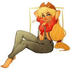 Size: 850x825 | Tagged: safe, artist:toastystroodle, applejack, human, g4, feet, female, front knot midriff, humanized, midriff, overalls, sitting, solo, suspenders