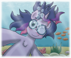 Size: 738x600 | Tagged: safe, artist:whirring gears, twilight sparkle, fish, pony, unicorn, g4, bubble, colors:crowley, fanfic art, female, goggles, solo, swimming goggles, underwater, unicorn twilight