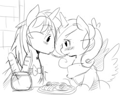 Size: 500x391 | Tagged: safe, artist:ende26, princess cadance, shining armor, pony, g4, duo, grayscale, lady and the tramp, monochrome, simple background, spaghetti, spaghetti scene