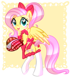 Size: 2401x2611 | Tagged: safe, artist:xwhitedreamsx, fluttershy, pony, g4, alternate hairstyle, apron, bipedal, blushing, bow, cake, clothes, female, high res, looking at you, oven mitts, simple background, smiling, socks, solo