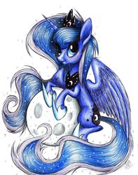 Size: 793x1008 | Tagged: safe, artist:kobra333, princess luna, g4, female, looking at you, moon, simple background, solo, sparkles, tangible heavenly object, traditional art, white background