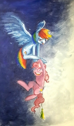 Size: 1075x1816 | Tagged: safe, artist:x-raydistorted, pinkie pie, rainbow dash, g4, flying, happy, traditional art