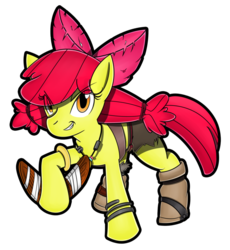 Size: 857x932 | Tagged: safe, artist:flam3zero, apple bloom, g4, alternate hairstyle, boomerang, clothes, cosplay, costume, crossover, female, grin, pigtails, simple background, smirk, solo, sonic boom, sonic the hedgehog (series), sticks the badger, style emulation, transparent background, yuji uekawa style