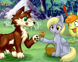 Size: 500x400 | Tagged: safe, artist:ashwolf, carrot top, derpy hooves, golden harvest, pegasus, pony, wolf, g4, female, mare, muffin, pixiv