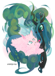 Size: 759x1054 | Tagged: safe, artist:starrypon, queen chrysalis, oc, oc:fluffle puff, changeling, changeling queen, pony, g4, blushing, canon x oc, crown, cute, cutealis, ear fluff, female, flower, flower in mouth, flufflebetes, hnnng, jewelry, lesbian, looking at each other, mouth hold, ocbetes, regalia, ship:chrysipuff, shipping, simple background, white background