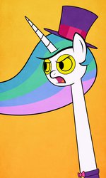 Size: 692x1153 | Tagged: safe, artist:thematrixman, princess celestia, alicorn, pony, g4, annoyed, bowtie, clothes, female, frown, glare, hat, long neck, mare, open mouth, orange background, simple background, solo, suit, sunglasses, superjail, top hat, warden, wat, yellow background