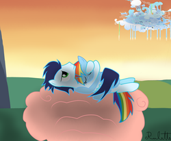 Size: 1024x845 | Tagged: safe, artist:rulette, rainbow dash, soarin', g4, cuddling, eyes closed, female, hug, male, pink cloud, ship:soarindash, shipping, snuggling, straight