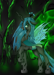 Size: 1700x2338 | Tagged: safe, artist:bloody-pink, queen chrysalis, changeling, changeling queen, g4, crown, female, jewelry, regalia, solo