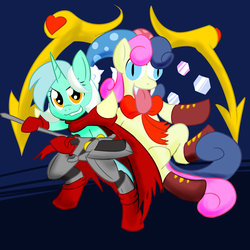 Size: 1155x1155 | Tagged: safe, artist:zanezandell, bon bon, lyra heartstrings, sweetie drops, earth pony, pony, unicorn, g4, boss battle, cape, clothes, cosplay, costume, creepy, duo, fangs, kirby (series), marx, nintendo, parody, reference, slit pupils, super mario bros., super mario rpg, transformation, yaridovich