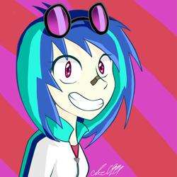 Size: 632x631 | Tagged: safe, artist:ace1999, dj pon-3, vinyl scratch, equestria girls, g4, abstract background, bandage, female, grin, looking at you, smiling, solo