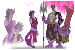 Size: 3600x2400 | Tagged: safe, artist:smilingdogz, rarity, spike, dragon, anthro, unguligrade anthro, g4, abs, ambiguous facial structure, cherry blossoms, clothes, cloven hooves, dragon tattoo, dress, female, grin, halberd, high res, male, manly, older, pants, prehensile tail, ship:sparity, shipping, simple background, smiling, spear, straight, tail hold, tattoo, topless, tree, unshorn fetlocks, weapon, white background