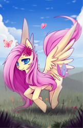 Size: 495x765 | Tagged: safe, artist:mousu, fluttershy, butterfly, g4, female, flower, looking at you, solo, spread wings