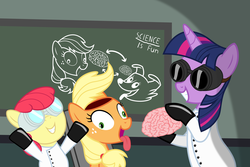 Size: 6000x4000 | Tagged: safe, artist:magister39, apple bloom, applejack, twilight sparkle, winona, earth pony, pony, unicorn, g4, abuse, body swap, brain, brain surgery, clothes, derp, female, filly, foal, goggles, jackabuse, lab coat, mad scientist, mare, science, tongue out, trio, trio female, unicorn twilight