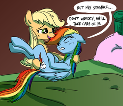 Size: 700x600 | Tagged: safe, artist:sketchyjackie, applejack, rainbow dash, pony, g4, bed, bridal carry, carrying, comforting, female, holding a pony, lesbian, ship:appledash, shipping, sick, stomach ache