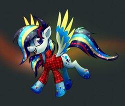 Size: 970x824 | Tagged: safe, artist:kaermter, oc, oc only, pegasus, pony, clothes, flannel, flying, rainbow power, rainbow power-ified, shirt, solo