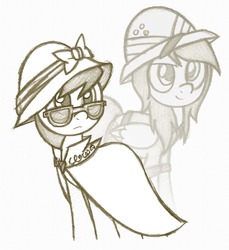 Size: 1170x1278 | Tagged: safe, artist:boulderthedragon, a.k. yearling, daring do, daring don't, g4, glasses, monochrome, traditional art