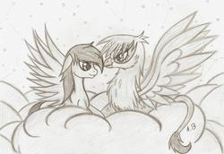 Size: 2319x1592 | Tagged: safe, artist:rossmaniteanzu, gilda, oc, griffon, g4, canon x oc, cloud, couple, monochrome, traditional art