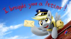 Size: 1920x1079 | Tagged: safe, artist:nekokevin, derpy hooves, pegasus, pony, g4, female, i brought you a letter, letter, mailmare, mare, solo